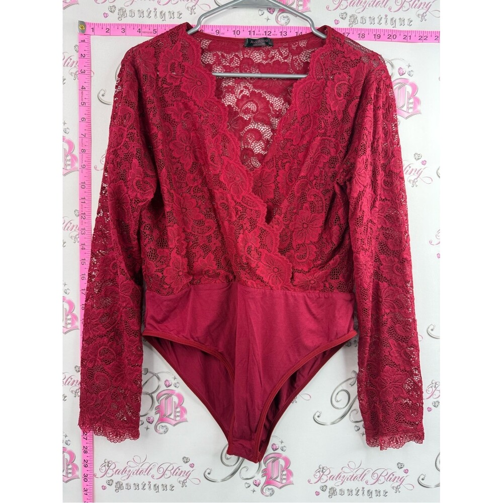 Avid love body suit one piece floral Lacie Deep Red Lace Surplice Bodysuit